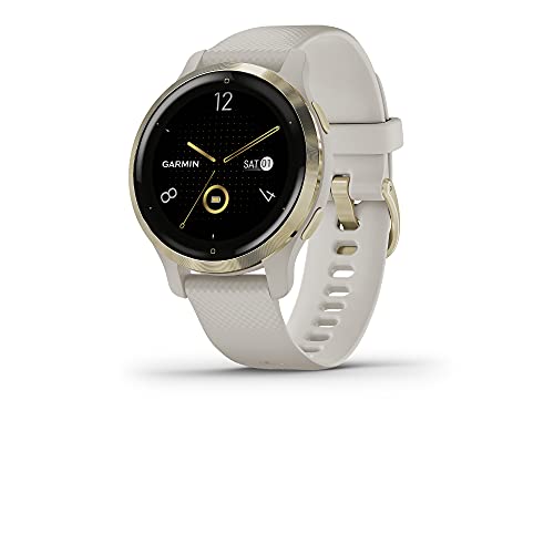 Garmin Venu 2S, montre intelligente GPS de petite taille avec fonctions avancées de surveillance de la santé et de remise en forme, lunette en or clair avec étui beige et bracelet en silicone