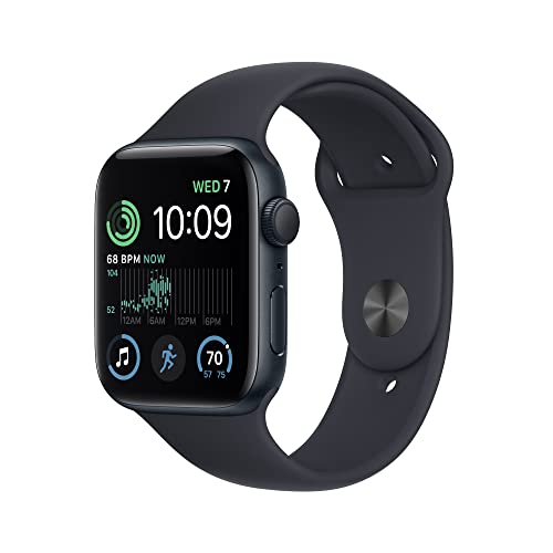 Apple Watch SE (2e génération) [GPS 44 mm] Montre intelligente avec boîtier en aluminium minuit et bracelet sport minuit - S/M. Suivi de la condition physique et du sommeil, détection des collisions, moniteur de fréquence cardiaque, écran Retina, résistant à l'eau