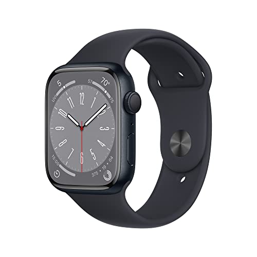 Apple Watch Series 8 [GPS 45 mm] Montre intelligente avec boîtier en aluminium minuit et bracelet sport minuit - M/L. Fitness Tracker, applications d'oxygène sanguin et d'ECG, écran Retina toujours activé, résistant à l'eau