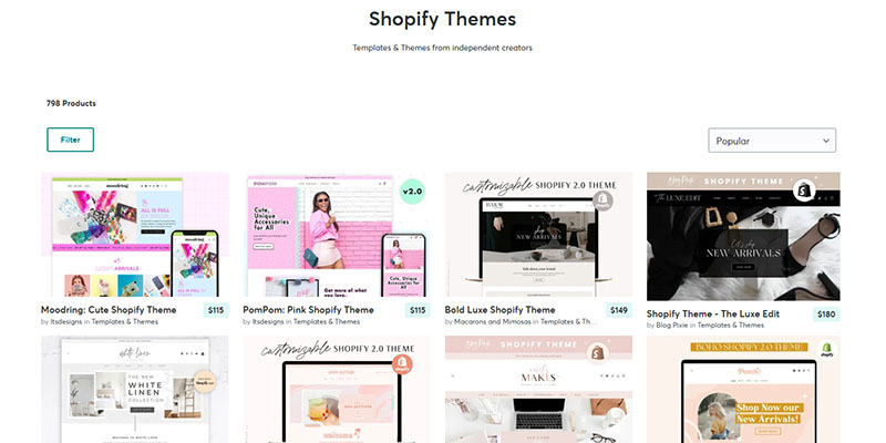 Página de temas da Shopify no Creative Market