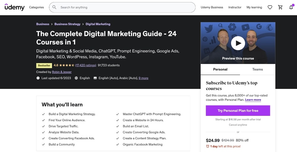 captură de ecran a paginii cursului Udemy Complete Digital Marketing Guide