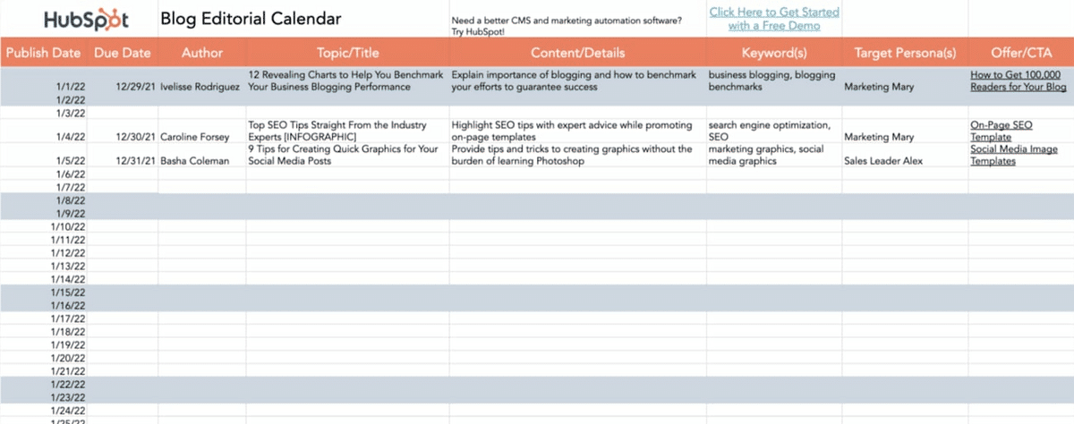 Exemplu de calendar editorial de la HubSpot