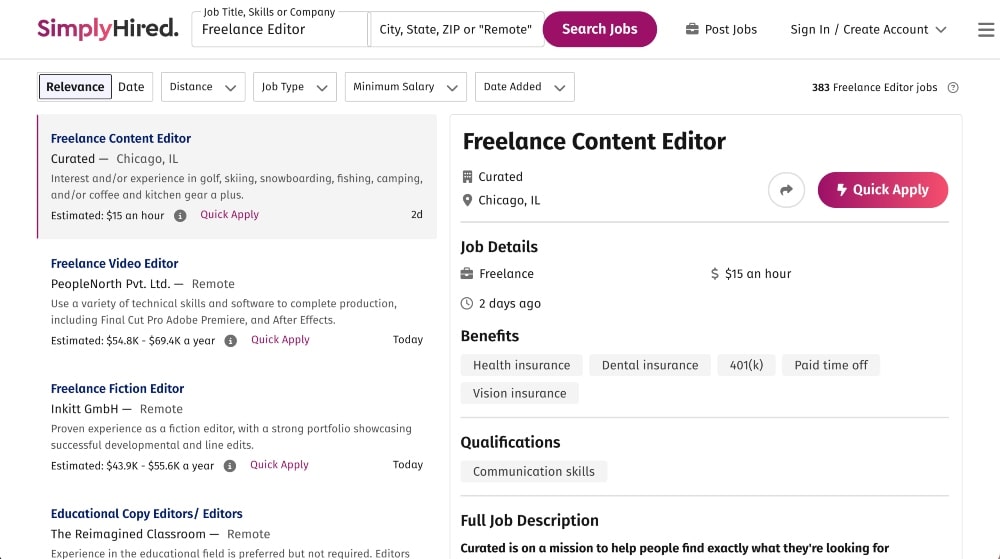 screenshot dei lavori di redattore freelance Simply Hired