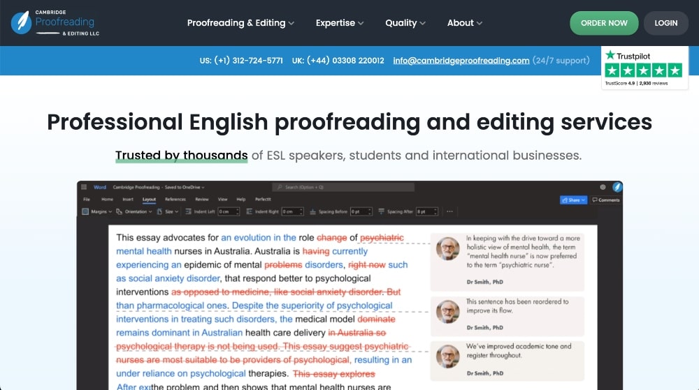 Cambridge Proofreading and Editing 웹사이트의 스크린샷