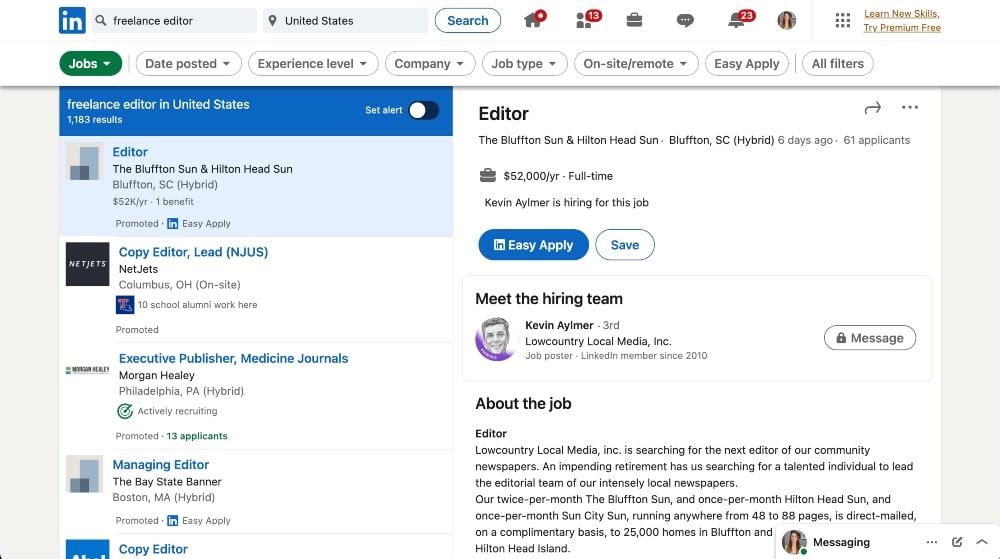 captura de tela dos trabalhos de edição do LinkedIn disponíveis