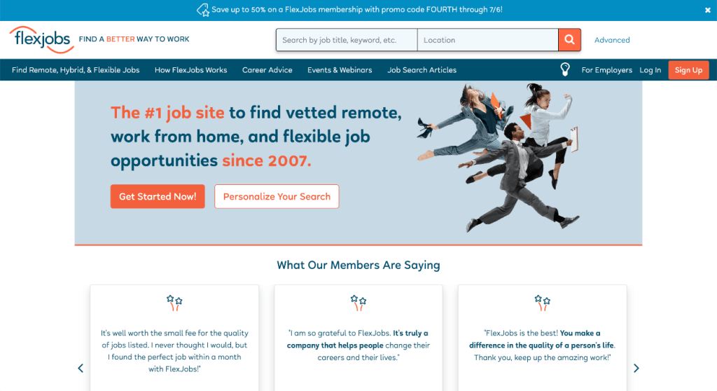 screenshot della home page del sito web di FlexJobs