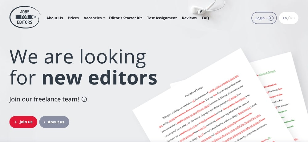 Jobs for Editors Web サイトのスクリーンショット