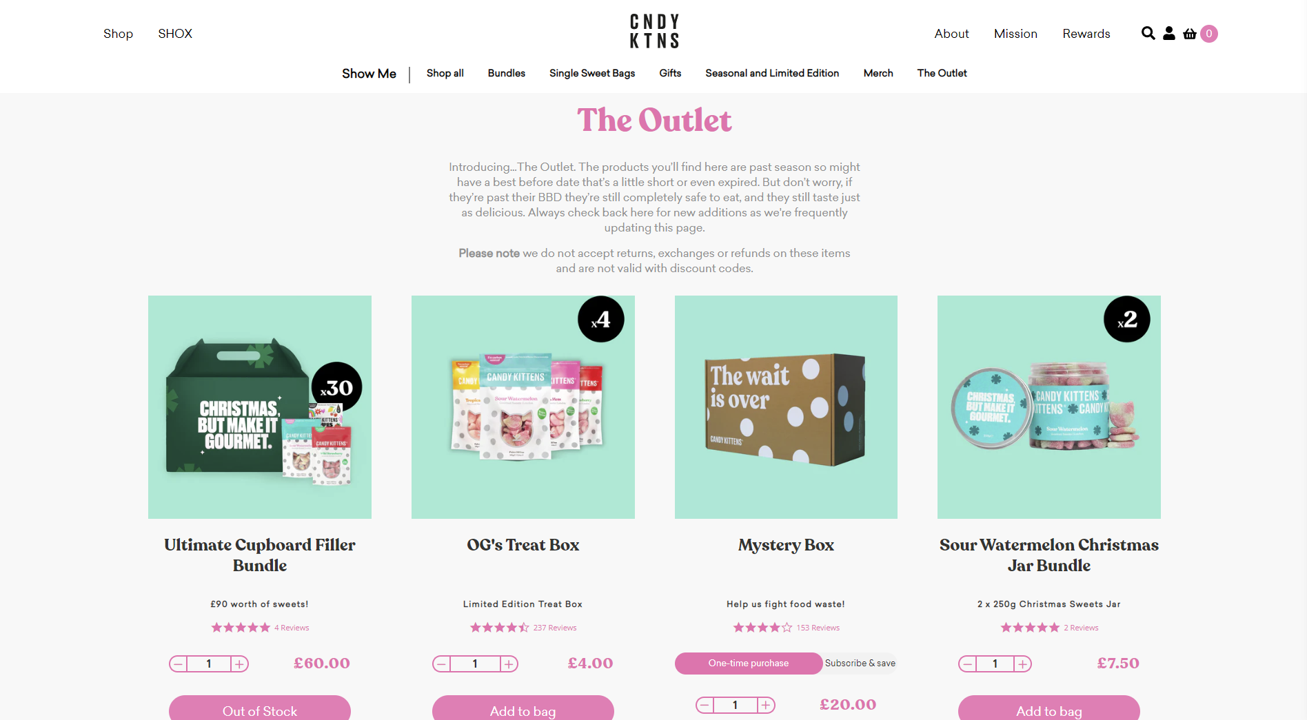 Screenshot della pagina Outlet sul sito web di Candy Kittens