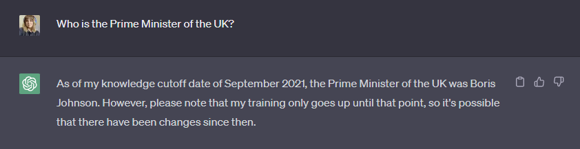 「英国の首相は誰ですか?」という質問に答えることができない ChatGPT のスクリーンショット