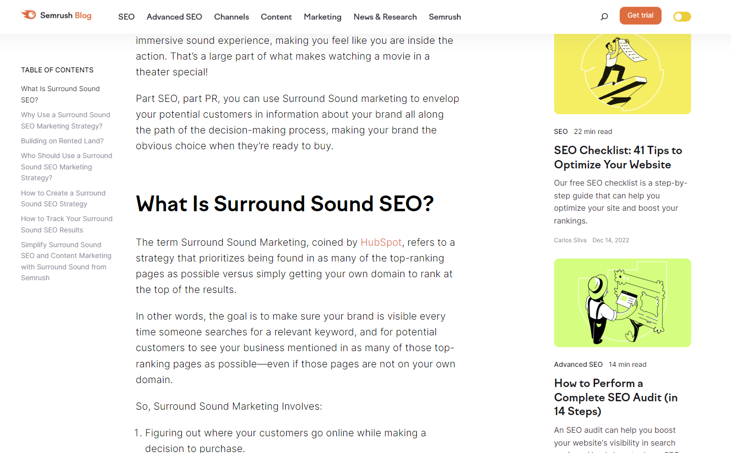 サラウンド サウンド SEO に関する Semrush の記事のスクリーンショット
