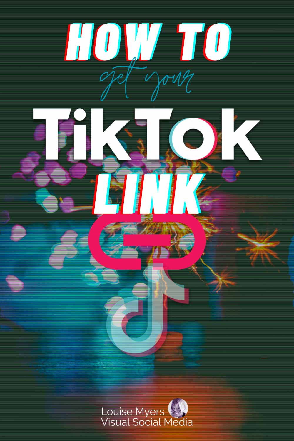 검은 색 조명의 글리치 추상 이미지는 TikTok 링크를 얻는 방법이라고 말합니다.