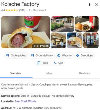 รายชื่อ Google Business สำหรับโรงงาน Kolache ใน Overland Park, KS พื้นหลังสีขาวพร้อมตัวอักษรสีดำที่มีรูปภาพของโคลาเช่ คำอธิบายร้านอาหาร ตัวเลือกบริการ ที่อยู่ ฯลฯ