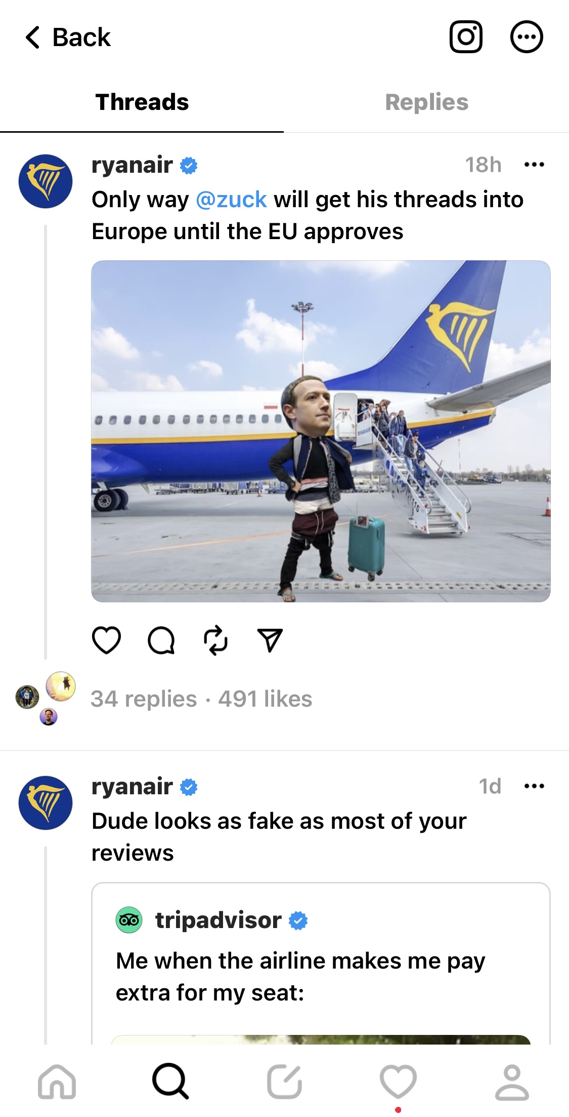 Ryanair のスレッド投稿のスクリーンショット