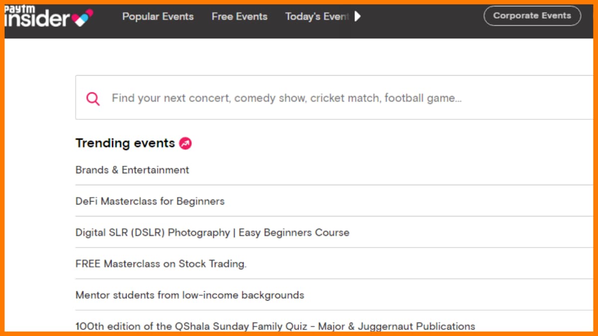 Paytm Insider – Website mit Veranstaltungslisten