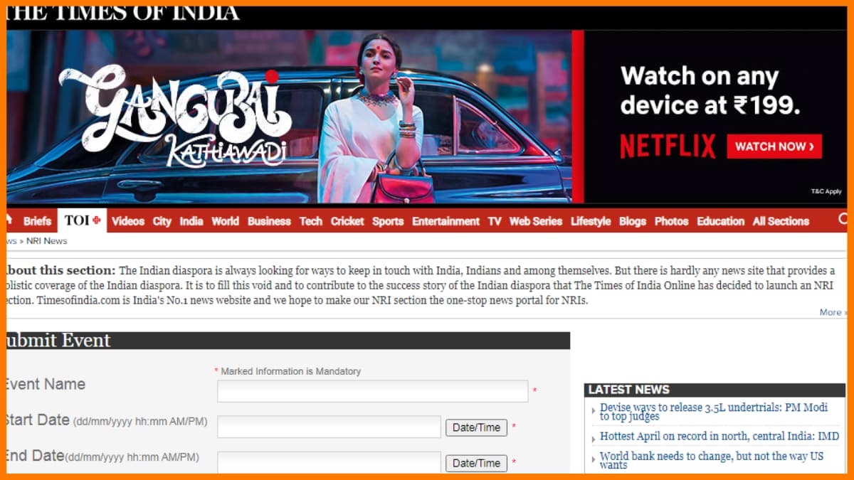 Timesofindia – Website mit Veranstaltungslisten