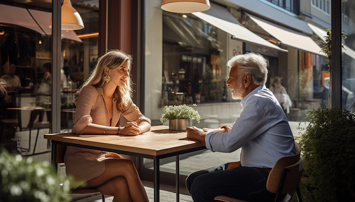 Photo d'un propriétaire d'entreprise âgé parlant à une jeune femme dans un café.