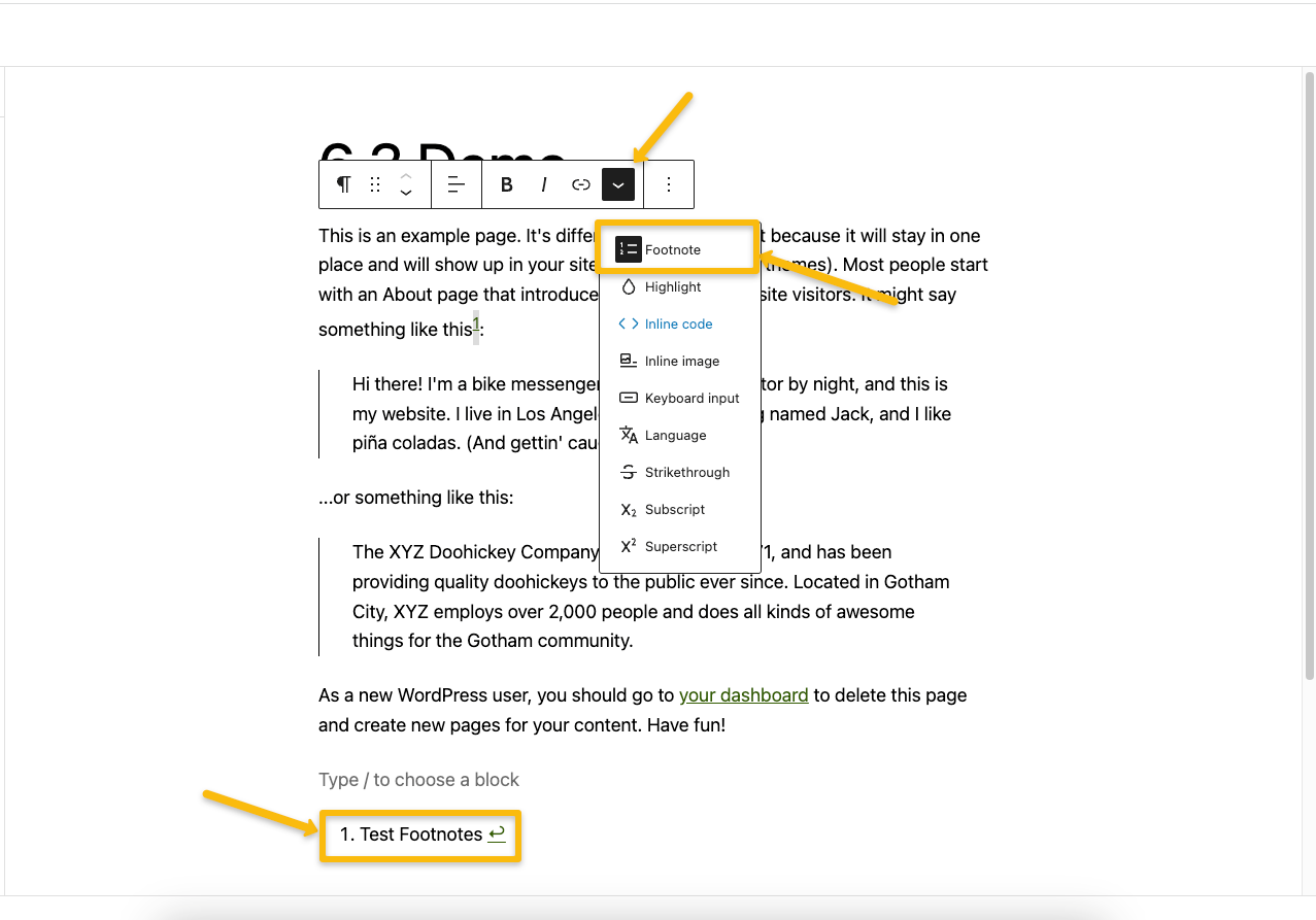 bloc de notes de bas de page dans wordpress 6.3