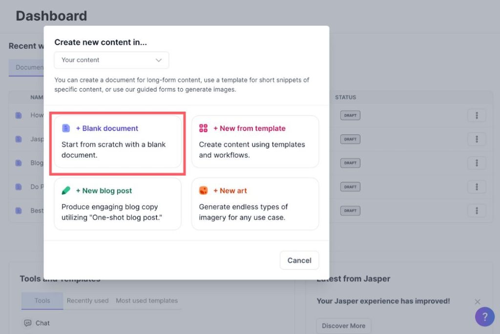 ภาพหน้าจอของ Jasper AI บล็อกเอกสารเปล่าใหม่