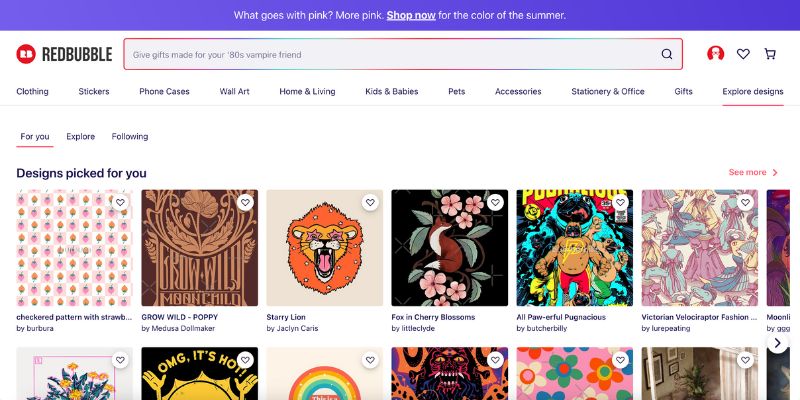 Screenshot der Redbubble-Homepage