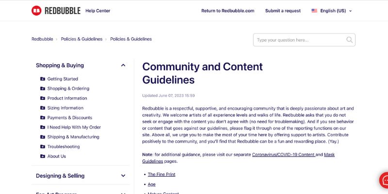 Screenshot der Redbubble-Community und Inhaltsrichtlinien