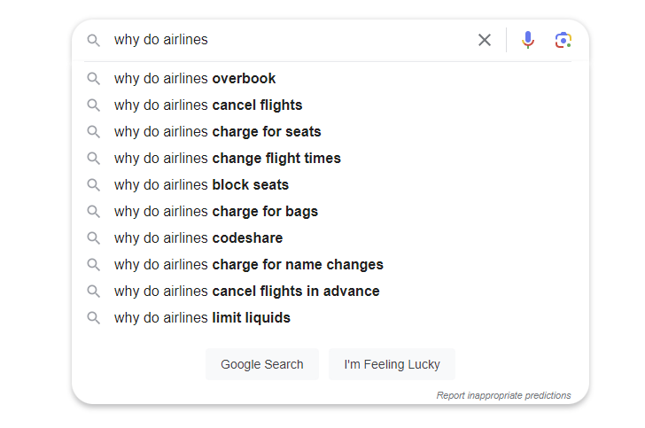 Captură de ecran a răspunsurilor de completare automată de la Google la „de ce companiile aeriene...”