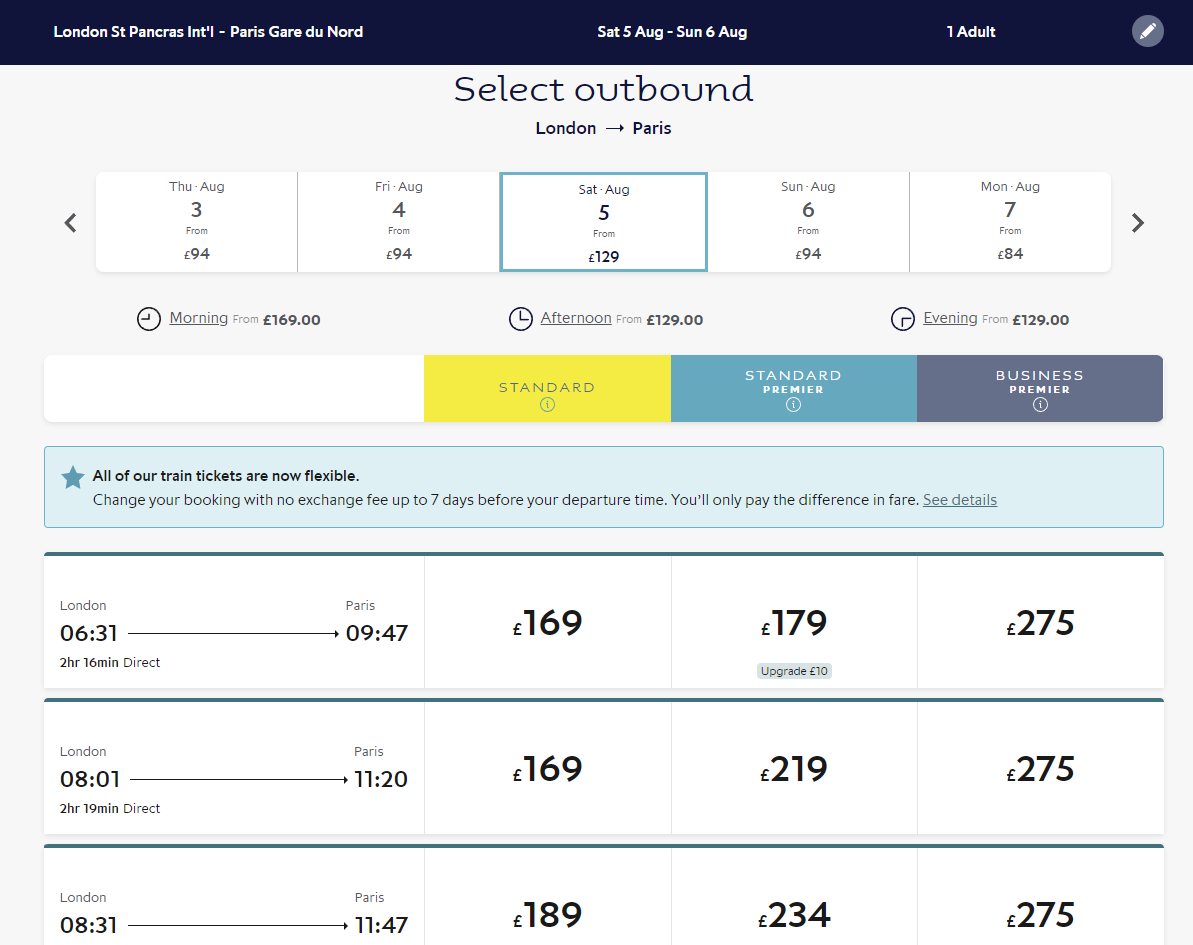 Captură de ecran a paginii de prețuri Eurostar