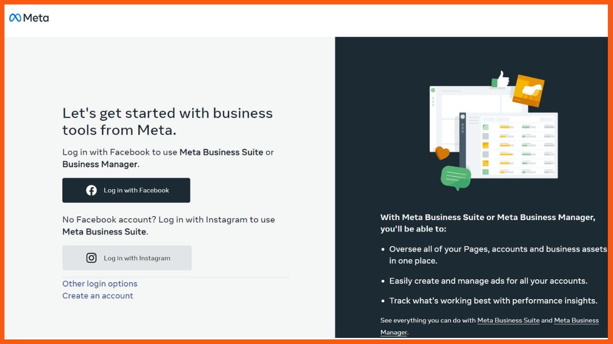 Pagina de conectare Meta Business Suite