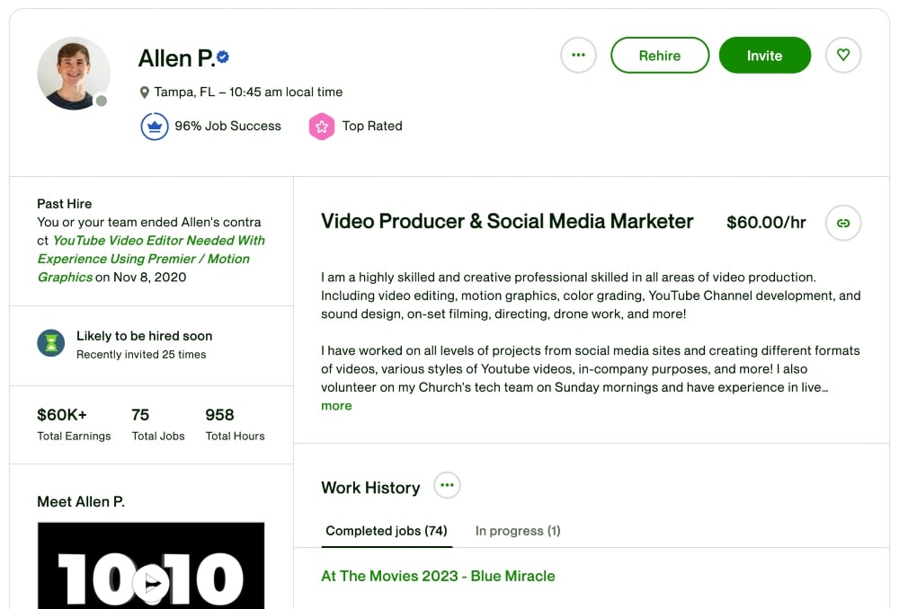 Upwork プロファイルのスクリーンショット