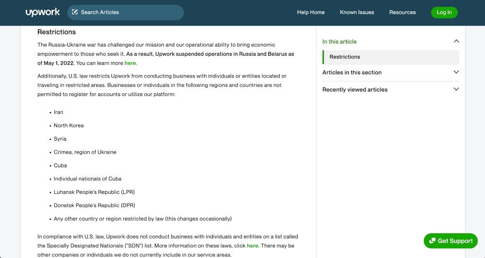 Upwork の国制限のスクリーンショット