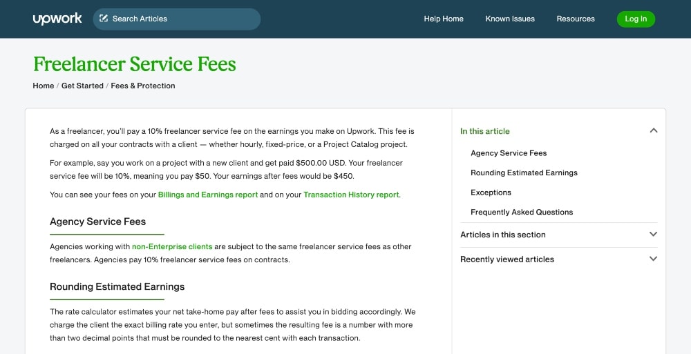 Upwork Freelancer サービス料金のスクリーンショット