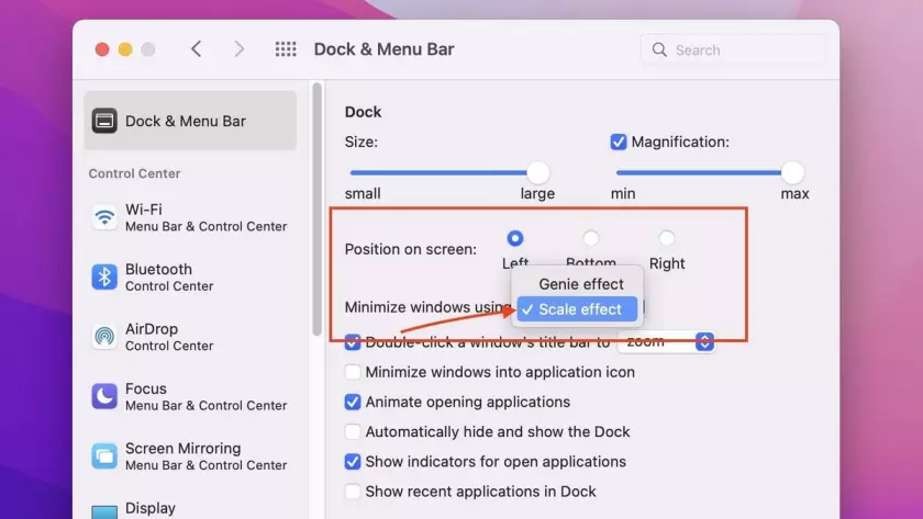 เปลี่ยนเอฟเฟกต์ย่อเล็กสุดในการตั้งค่า MacOS Dock