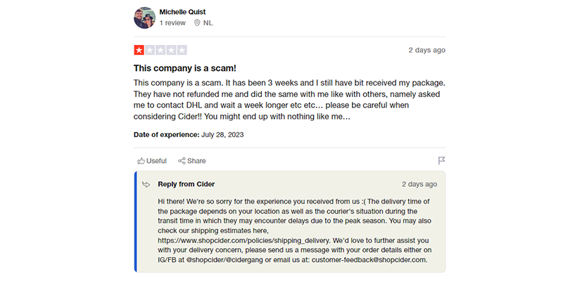 Trustpilot でのサイダーのレビュー (発送が遅い)