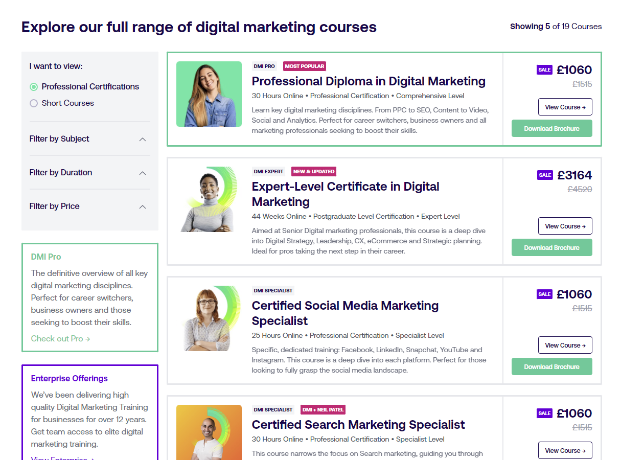 Digital Marketing Institute の Web サイト上のコースのスクリーンショット