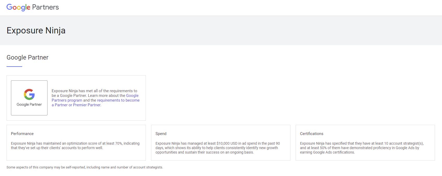 Exposure Ninja の Google 広告パートナー証明書のスクリーンショット