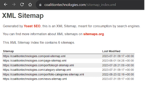 Coalition Technologies 的 XML 站點地圖的屏幕截圖