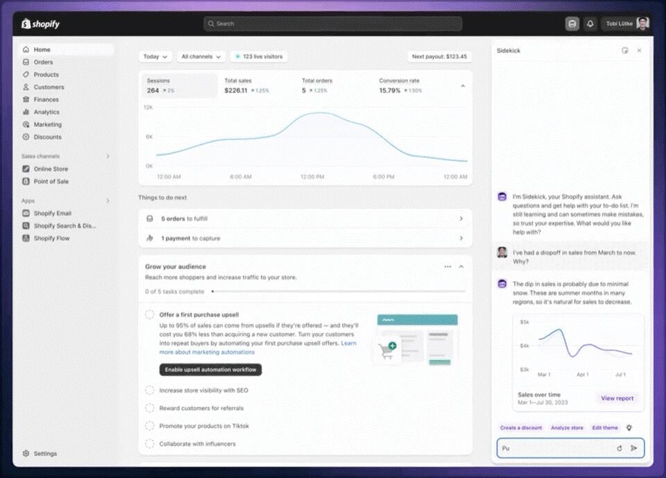 Shopify Sidekick 演示屏幕