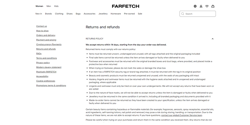 นโยบายการคืนสินค้าของ Farfetch