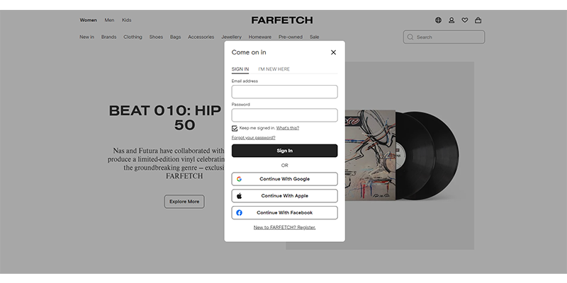 หน้าลงทะเบียน Farfetch