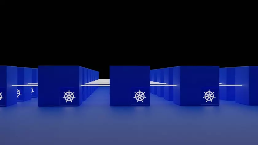 Une image 3D d'un cube de serveur de microservices bleu avec un symbole dessus.