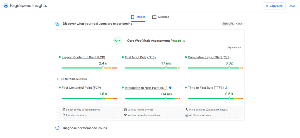 Zrzut ekranu raportu wygenerowanego przez PageSpeed ​​Insights