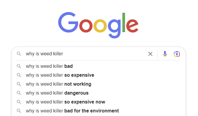 「なぜ除草剤なのか」という質問に対する Google の自動入力のスクリーンショット。自動入力される回答はほとんどが否定的なものです