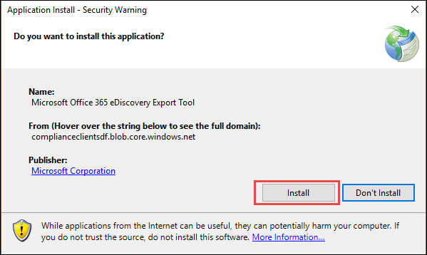 Cliquez sur le bouton Installer pour télécharger l'outil d'exportation eDiscovery.