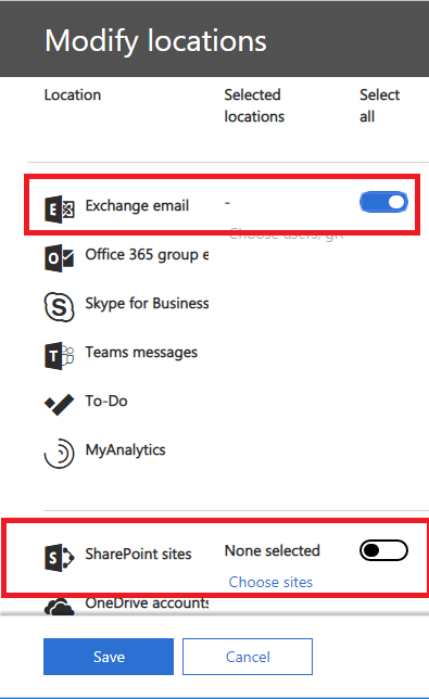 Choisissez l'option de groupe d'utilisateurs pour choisir les e-mails ou spécifier les boîtes aux lettres Office 365 et vous pouvez également exporter des données SharePoint et des dossiers publics en autorisant l'option Dossiers publics.