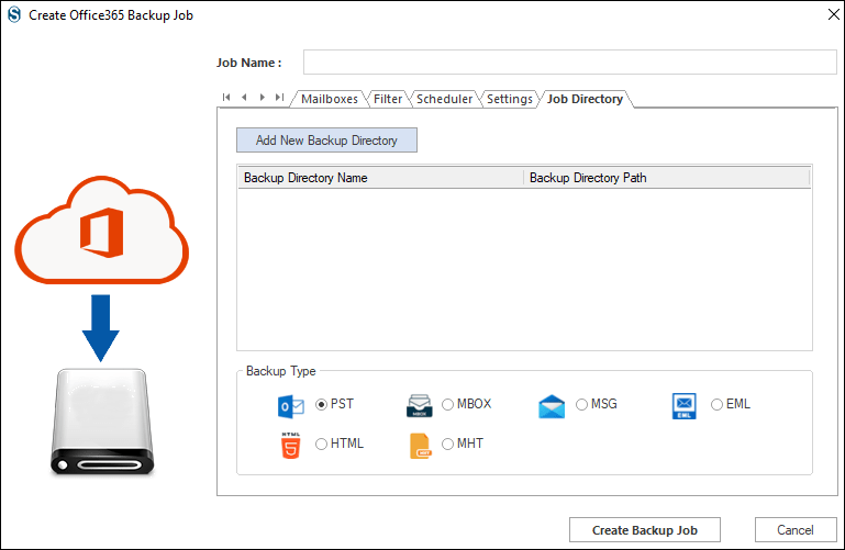 Cliquez sur les options PST à partir des formats de fichiers pour exporter la boîte aux lettres Office 365 vers le type de fichier PST. Ensuite, appuyez sur l’option Créer une tâche de sauvegarde.