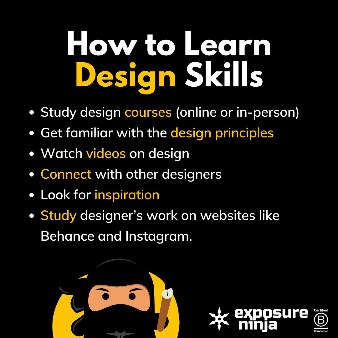 Gráfico sobre como aprender habilidades de design, listando os mesmos pontos acima