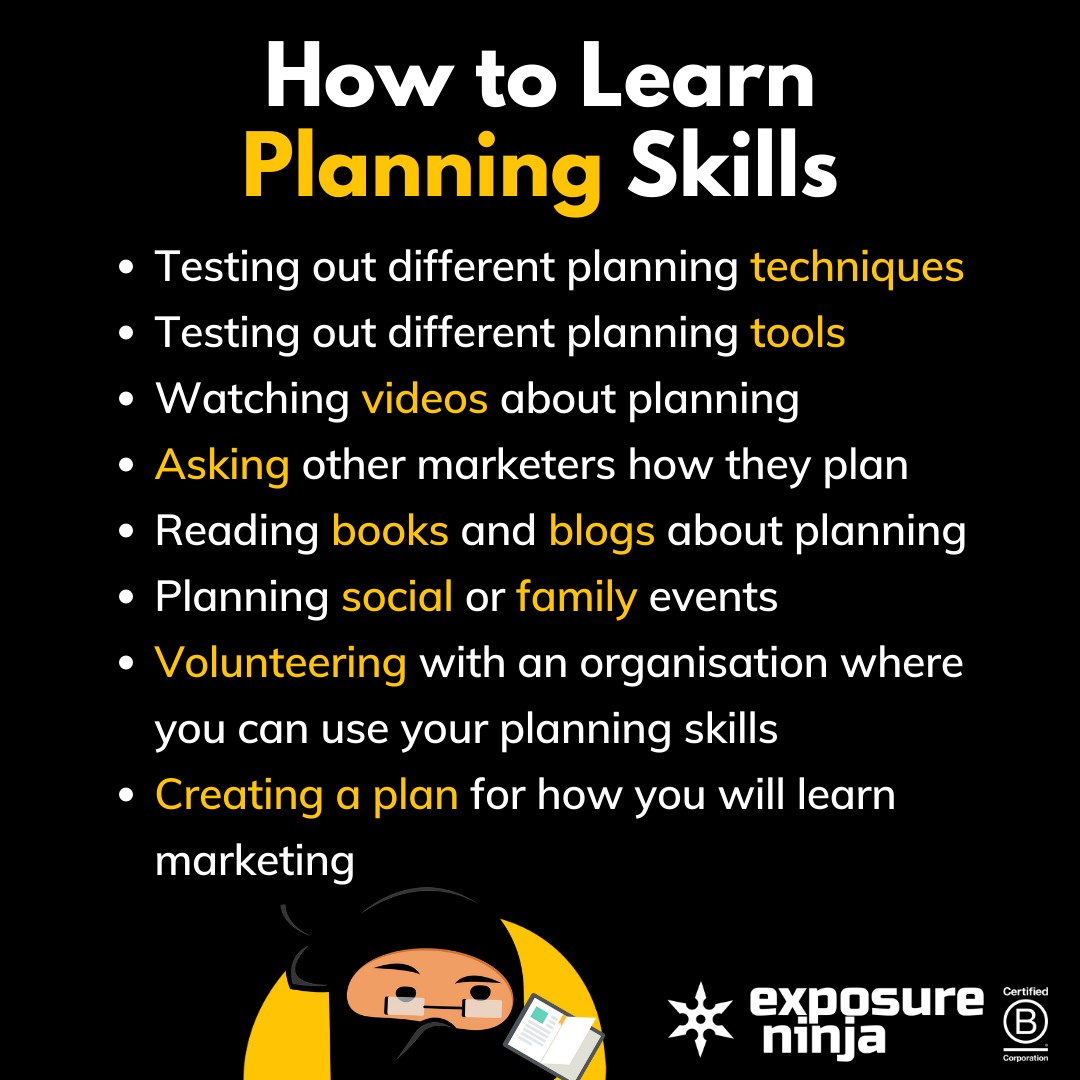 Gráfico sobre como aprender habilidades de planejamento, listando os mesmos pontos acima
