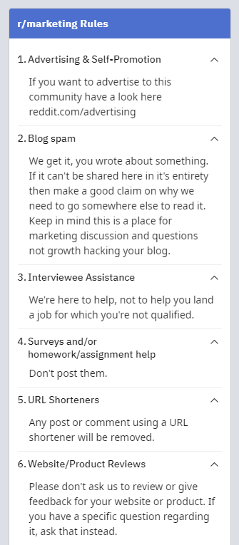 Captura de tela das regras no subreddit r/marketing