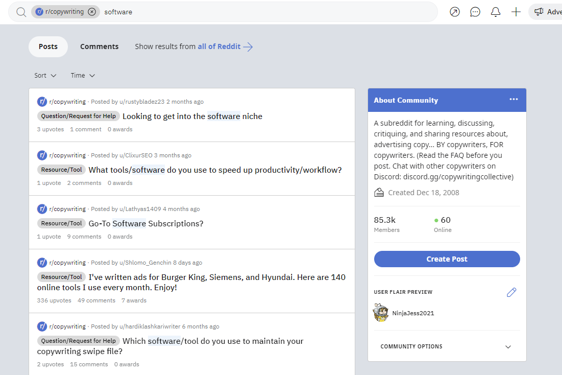 Captura de tela de uma pesquisa por “software” no subreddit r/copywriting