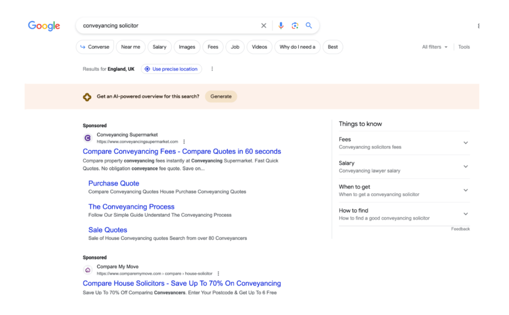 Captură de ecran a unei căutări Google pentru „conveyancing avocat”.