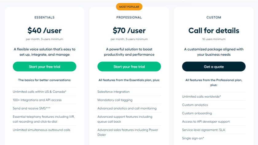 جدول لقطة شاشة يوضح الخطط المختلفة وخيارات التسعير لنظام هاتف الأعمال السحابي Aircall وبرنامج مركز الاتصال.